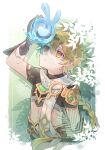  1boy ahoge armor blonde_hair braid braided_ponytail brown_gloves brown_shirt brown_shorts commentary_request crop_top cropped_torso dappled_sunlight earrings feather_earrings feathers frown genshin_impact gloves ituki_gnsn jewelry looking_at_another looking_up male_focus scarf seelie_(genshin_impact) shaded_face shirt shorts shoulder_armor simple_background solo stomach sunlight upper_body white_background white_scarf yellow_eyes 