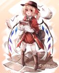  1girl absurdres alternate_costume ascot bat_(animal) blonde_hair blush book boots bow crystal crystal_wings flandre_scarlet frills full_body hair_ribbon hat hat_ribbon highres holding holding_book long_sleeves looking_at_viewer open_mouth paper puffy_sleeves red_eyes red_ribbon red_skirt red_vest ribbon shirt short_hair side_ponytail skirt skirt_set smile solo standing top-exerou touhou vest wings 