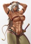  1girl :/ abs absurdres animal arm_strap armpits arms_up bare_shoulders belt biceps breasts castell choker cleavage collarbone dark-skinned_female dark_skin eyepatch ghislaine_dedoldia green_pants hands_on_own_head highleg highleg_panties highres large_breasts long_hair looking_at_viewer multiple_belts muscular muscular_female mushoku_tensei navel obliques open_belt open_pants panties pants red_bandeau red_choker red_eyes scar scar_on_cheek scar_on_face scar_on_stomach solo sword tail tail_ornament tail_ring underwear weapon white_background 