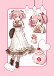  1girl alternate_costume apron asukaru_(magika_ru) blush border brown_dress brown_shoes cake commentary cropped_torso dated dress enmaided flower food fruit full_body grey_pantyhose grid_background hand_up heart heart_hands highres kaname_madoka loafers looking_at_viewer mahou_shoujo_madoka_magica maid maid_headdress multiple_views open_mouth outside_border pantyhose pink_border pink_eyes pink_hair recompense_maid_uniform shoes short_hair short_sleeves signature smile standing strawberry striped_clothes striped_dress swiss_roll twintails vase white_apron white_background 