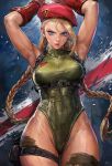  1girl :o ahoge armpits arms_up bare_shoulders beret blonde_hair blue_eyes bodypaint braid breasts cammy_white camouflage chest_harness covered_abs covered_navel covered_nipples fingerless_gloves gloves green_leotard hair_between_eyes harness hat highleg highleg_leotard highres large_breasts leotard long_hair looking_at_viewer medium_breasts miche parted_lips pouch red_gloves red_hat scar scar_on_cheek scar_on_face sleeveless_turtleneck_leotard solo street_fighter street_fighter_6 thigh_gap thigh_pouch thigh_strap thighs thong_leotard toned twin_braids twintails 