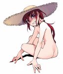  1girl arm_support ass completely_nude flat_chest hat highres kurame kusari_hime:_euthanasia long_hair looking_at_viewer low_ponytail nakamura_tetsuya nude red_hair red_pupils simple_background smile solo sun_hat white_background 