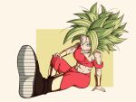  1girl abs arm_guards battle_damage biceps big_hair black_boots blonde_hair boots breasts cleavage crop_top dragon_ball dragon_ball_super green_eyes highres kefla_(dragon_ball) kenran_dokkan looking_at_viewer medium_breasts messy_hair midriff muscular muscular_female pants red_pants saiyan sitting spiked_hair super_saiyan tight_clothes torn_clothes 