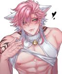  14_days_with_you 1boy aqua_eyes arm_tattoo bell black_nails blue_hair earrings english_text face_piercing hair_ornament hairclip heart highres ivutyozo jewelry jingle_bell lip_piercing looking_at_viewer male_focus medium_hair multicolored_hair muscular muscular_male neck_bell nipple_piercing nipples piercing pink_hair ren_(14dwy) simple_background snakebite_(piercing) solo speech_bubble sweater tattoo teeth tribal_tattoo two-tone_hair undressing upper_body white_background white_sweater 