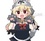  1girl animal_hands animal_hood black_ribbon black_serafuku black_shirt black_skirt blonde_hair curled_fingers fang gloves hair_flaps hair_ornament hairclip halloween_costume hood kantai_collection long_hair looking_at_viewer neckerchief open_mouth paw_gloves red_eyes red_neckerchief ribbon sailor_collar sailor_shirt school_uniform serafuku shirt simple_background skin_fang skirt smile solo upper_body wateru white_background white_sailor_collar wolf_hood wolf_paws yuudachi_(halloween)_(kancolle) yuudachi_(kancolle) 