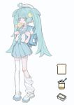  1girl ahoge am314 aqua_hair asymmetrical_legwear backpack bag bandaid bandaid_on_knee bandaid_on_leg blue_bag blue_necktie blue_sailor_collar blue_skirt bread bread_slice chick_hair_ornament commentary_request detached_ahoge flat_chest food food_in_mouth full_body grey_eyes hat highres long_hair miniskirt necktie original pleated_skirt puffy_short_sleeves puffy_sleeves randoseru sailor_collar sailor_hat school_uniform serafuku shirt shoes short_sleeves simple_background skirt solo tareme thighhighs tie_clip toast twintails uneven_legwear uwabaki white_background white_hat white_shirt white_shoes white_thighhighs 