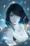  1girl artist_name bare_shoulders blue_eyes breasts brown_hair cleavage commentary crying crying_with_eyes_open detached_sleeves final_fantasy final_fantasy_x green_eyes heterochromia highres looking_at_viewer medium_breasts medium_hair nikusenpai partially_submerged pyrefly tears water yuna_(ff10) 