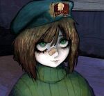  1girl aqua_hat bandaid bandaid_on_face bandaid_on_nose beret brown_hair colored_skin commentary communism crimescenepartz dark_room english_commentary faux_traditional_media freckles green_eyes green_sweater hair_between_eyes hat hat_pin highres indoors kasia_(peripeteia) lips lower_eyelashes_only medium_hair painterly peripeteia portrait purple_background russian_text sketch smile solo soviet sweater translation_request turtleneck turtleneck_sweater upturned_eyes vladimir_lenin white_skin 