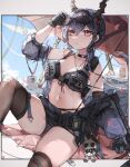  1girl absurdres alternate_costume arknights bare_shoulders beach_umbrella belt bikini black_bikini black_choker black_gloves black_hair black_jacket black_shorts blue_sky breasts brown_thighhighs ch&#039;en_(arknights) ch&#039;en_the_holungday_(arknights) character_doll choker cleavage closed_mouth collarbone crossbow day dragon_horns eyewear_on_head gloves highres holding holding_weapon horns id_card jacket large_breasts long_hair long_sleeves looking_at_viewer low_twintails open_clothes open_jacket oreshki outdoors partially_unzipped red_eyes short_shorts shorts sitting skindentation sky solo sunglasses swimsuit talulah_(arknights) thighhighs torn_thighhighs twintails umbrella weapon zipper_pull_tab 