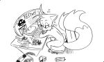 2_tails ambiguous_gender anthro bangs barefoot beverage black_and_white black_nose book canid canine chair computer computer_keyboard digital_drawing_(artwork) digital_media_(artwork) eggman_logo electronics error_message eyelashes eyeliner featureless_crotch feet fox furniture hatching_(art) hi_res high-angle_view jojo_hernandez makeup mammal miles_prower monochrome monster_energy monster_energy_can multi_tail office_chair paper paws pencil_(object) post-it_note sega shaded sketch solo sonic_the_hedgehog_(series) tail tea tea_bag tired_eyes trans_(lore) trans_woman_(lore) trash