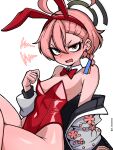  1girl ahoge animal_ears bare_legs blue_archive blush bow bowtie braid breasts crossed_legs detached_collar fake_animal_ears fang floral_print halo huge_ahoge jacket jaggy_lines ji_heeeeeee korean_commentary leotard looking_at_viewer neru_(blue_archive) neru_(bunny)_(blue_archive) off_shoulder open_clothes open_jacket open_mouth pink_hair playboy_bunny rabbit_ears red_bow red_bowtie red_eyes red_leotard short_hair side_braid simple_background skin_fang small_breasts solo strapless strapless_leotard sukajan white_background 