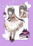  1girl akemi_homura alternate_costume apron asukaru_(magika_ru) black_hair blush border brown_dress brown_shoes cake cake_slice closed_mouth commentary cropped_torso dated dress drop_shadow enmaided food full_body grey_pantyhose grid_background heart heart_hands highres loafers long_hair looking_at_viewer mahou_shoujo_madoka_magica maid maid_headdress multiple_views neck_ribbon outside_border pantyhose purple_border purple_eyes purple_ribbon recompense_maid_uniform ribbon shoes short_sleeves sidelocks signature skirt_hold standing white_apron white_background 
