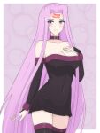  1girl absurdres bare_shoulders black_dress black_gloves black_thighhighs border breasts choker cleavage closed_mouth collarbone collared_shirt covered_navel cowboy_shot dani_(angrymatthew) dress elbow_gloves eyebrows_hidden_by_hair eyes_visible_through_hair facial_mark fate/grand_order fate/stay_night fate_(series) fingerless_gloves forehead_mark gloves hand_on_own_chest highres large_breasts long_bangs long_hair looking_at_viewer medusa_(fate) medusa_(rider)_(fate) no_blindfold outside_border parted_bangs purple_background purple_choker purple_dress purple_eyes purple_gloves purple_hair purple_thighhighs shirt short_dress smile solo standing strapless strapless_dress thighhighs thighs very_long_hair white_border 