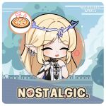  1girl black_collar black_dress blonde_hair breasts cartethyia_(wuthering_waves) chibi chibi_only closed_eyes collar crown_of_thorns dress english_text food hand_up highres jewelry long_hair necklace official_art open_mouth pizza pointy_ears sidelocks small_breasts smile solo tabard tacet_mark_(wuthering_waves) white_tabard wuthering_waves 
