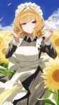  1girl absurdres apron black_dress blue_sky bow bow_apron breasts cloud collared_dress commentary_request day dress feet_out_of_frame field flower flower_field grin hair_intakes hands_up highres large_breasts light_blush long_dress long_sleeves looking_at_viewer maid maid_apron maid_headdress medium_hair orange_hair original outdoors re_naya red_eyes sky smile standing sunflower sunflower_field sunlight swept_bangs wavy_hair white_apron white_bow 