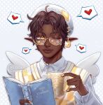  1boy ;) aegyo_sal ahoge angel_wings artist_name blankcharti book brown_hair checkered_sweater_vest choker closed_mouth collared_shirt commentary commission cup curtained_hair dark-skinned_male dark_skin english_commentary food-themed_hat_ornament food_print fruit_print glasses gold_buttons grey_background hands_up hat hat_ornament heart heart_sticker highres holding holding_book holding_cup lemon_hat_ornament lemon_print lips long_sleeves male_focus nail_polish one_eye_closed open_book pearl_choker player_character_(roblox) pointy_ears polka_dot polka_dot_background roblox round_eyewear royale_high semi-rimless_eyewear shirt short_hair simple_background smile solo sparkle spoken_heart star_sticker sticker_on_face sweater_vest two-tone_sweater_vest very_dark_skin watermark white_hat white_shirt white_sweater_vest white_wings wings yellow-framed_eyewear yellow_eyes yellow_nails yellow_sweater_vest 
