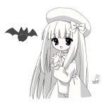  :d bat_(animal) beret blunt_bangs blush bow deformed dress fang fingers_on_chin hat looking_at_viewer open_mouth original pale_skin pluspod signature skin_fang smile straight_hair white_background white_bow white_dress white_hair white_hat white_theme 