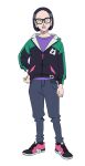  1boy black_hair black_hoodie blue_pants clenched_hand denim forehead full_body glasses green_hoodie gundam gundam_gquuuuuux hand_on_own_hip highres hood hoodie jeans jezzi lips looking_at_viewer male_focus official_art open_clothes open_hoodie pants purple_shirt shirt shoes short_hair simple_background sneakers solo standing transparent_background 