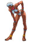  1girl anklet armlet barefoot bikini bracelet breasts calflet cleavage dark-skinned_female dark_skin earrings elena_(street_fighter) game_cg hand_on_own_hip hand_on_own_knee highres jewelry leaning_forward nail_polish neck_ring nishimura_kinu non-web_source official_art short_hair solo street_fighter street_fighter_iii_(series) swimsuit toned toned_female white_hair 