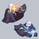  1boy ascot coat cryokinesis expressionless fire floating_clothes floating_hair formal_clothes fur_coat highres i_touhu ice long_hair looking_at_viewer male_focus pyrokinesis reaching reaching_towards_viewer red_eyes simple_background sword tsukihime tsukihime_(remake) upper_body vampire vlov_arkhangel weapon white_hair 