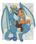  4_toes 5_fingers anthro balls blonde_hair blue_body brown_hair canid canine claws digital_media_(artwork) dipstick_tail dragon duo ear_piercing ear_ring erection eyes_closed feet finger_claws fingerless_(marking) fingers fluffy fluffy_tail foreskin fox french_kissing fur genital_piercing genitals hair hi_res holding_head holding_partner horn humanoid_genitalia humanoid_penis inner_ear_fluff kissing larger_male lying male male/male mammal markings mythological_creature mythological_scalie mythology on_back orange_body orange_fur penis penis_piercing piercing pointy_ears policho prick_ears prince_albert_piercing ring_piercing romantic romantic_couple russell_allen russell_allen_(character) scalie signature size_difference smaller_male tail tail_markings toe_claws toeless_(marking) toes tongue tongue_out tuft white_body white_fur wing_claws wings 