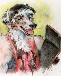2025 akatan_art anthro artist_name australian_shepherd beanie black_body black_fur black_nose blue_eyes brown_body brown_fur canid canine canis clothing dog_tags domestic_dog ear_piercing ear_ring floppy_ears fluffy fur green_background hair hat headgear headwear herding_dog hi_res holding_skateboard jewelry male mammal necklace pastoral_dog pencil piercing pink_tongue ring_piercing sheepdog short_hair simple_background skateboard sleeveless_shirt solo teeth text tongue tongue_out traditional_media_(artwork) vehicle whisker_spots whiskers white_body white_fur