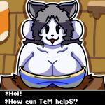 absurd_res anthro big_breasts breasts canid canine clothed clothing digital_media_(artwork) felid feline female fur hi_res humanoid inudarkk mammal open_mouth smile solo tem temmie_(undertale) text topwear undertale undertale_(series) white_body white_fur