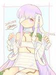  1girl artist_name bandage_over_one_eye bandaged_arm bandages breasts claw_pose closed_mouth dot_nose fate/grand_order fate_(series) highres kingprotea_(fate) long_hair looking_at_viewer moss odetooo purple_eyes purple_hair solo underboob very_long_hair 