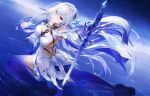  1girl absurdres backless_dress backless_outfit breasts dress genshin_impact grey_hair hair_between_eyes hair_ornament highres holding holding_sword holding_weapon kneeling large_breasts legs long_hair looking_at_viewer parted_lips prosthesis prosthetic_arm prosthetic_leg red_eyes skirk_(genshin_impact) solo swkl:d sword very_long_hair weapon white_dress 
