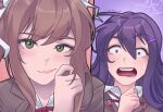  2girls blush brown_hair closed_mouth derkdrew124 doki_doki_literature_club doki_doki_literature_club_school_uniform green_eyes hand_on_own_face hand_up long_hair monika_(doki_doki_literature_club) multiple_girls open_mouth portrait purple_background purple_eyes purple_hair red_background school_uniform small_pupils smirk teeth yuri_(doki_doki_literature_club) 