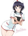  1girl asaka_karin azuresakura black_hair blue_eyes blush breasts clipboard cross dress hat highres holding holding_clipboard large_breasts long_hair looking_at_viewer love_live! love_live!_nijigasaki_high_school_idol_club nurse nurse_cap red_cross short_sleeves simple_background smile solo white_background 