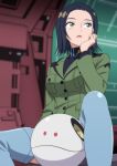  1girl arm_support black_hair blue_eyeshadow blue_thighhighs breasts commentary_request comoli_harcourt eyeshadow forehead full_body green_jacket gundam gundam_gquuuuuux hands_on_own_cheeks hands_on_own_face hands_up hangar haro highres jacket large_breasts long_hair long_sleeves looking_at_viewer makeup makiri_akira military_jacket military_uniform mole mole_under_eye multicolored_eyes non-humanoid_robot open_mouth robot separated_legs shirt short_hair sitting solo spacecraft_interior thighhighs thighs turtleneck turtleneck_shirt two-tone_eyes zeknova 