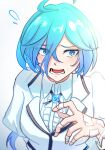  1girl blue_eyes blue_hair chinese_commentary commentary_request highres isemi_tina long_bangs long_sleeves looking_to_the_side low_ponytail open_mouth panicking ponytail rock_wa_lady_no_tashinami_deshite school_uniform shangtianrididefuritian solo upper_body white_background 