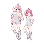  2girls ahoge animal_ear_hairband animal_ears arm_up bare_shoulders blue_eyes boots breasts cat_ear_hairband cat_ears cleavage closed_mouth commentary_request dot_mouth expressionless fake_animal_ears full_body grey_boots grey_hairband grey_jumpsuit hairband hand_on_own_hip jumpsuit kishimen_hair knee_boots looking_at_viewer love_live! love_live!_nijigasaki_high_school_idol_club medium_breasts medium_hair multiple_girls pink_hair shinanoya_(satanicad) short_jumpsuit simple_background small_breasts smile strapless_jumpsuit tennoji_rina two_side_up ufo_day white_background yellow_eyes zhong_lanzhu 