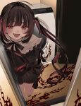  1girl absurdres bandaid bandaid_on_knee bandaid_on_leg black_dress black_leg_warmers black_shoes blood blood_on_ground blush brown_hair collar dress fang hanataro_(sruvhqkehy1zied) highres indoors leg_warmers long_hair looking_at_viewer open_door open_mouth original pink_hair red_eyes shoes sidelocks smile solo standing standing_on_one_leg twintails washing_machine white_collar wooden_floor 