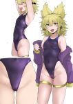  1girl absurdres armpits black_one-piece_swimsuit blonde_hair breasts competition_swimsuit covered_navel cowboy_shot earmuffs groin highleg highleg_one-piece_swimsuit highres ikeda_yamada jacket jacket_partially_removed messy_hair multiple_views one-piece_swimsuit open_clothes open_jacket pointy_hair purple_jacket short_hair simple_background small_breasts standing stretching swimsuit touhou toyosatomimi_no_miko white_background yellow_eyes 