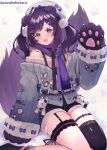  aiba_uiha animal_hands bangs blue_eyes gloves hand_up hat looking_at_viewer mole mole_under_eye nijisanji open_mouth paw_gloves pom_pom_(clothes) purple_hair purple_scarf scarf shorts single_thighhigh sitting suzuho_hotaru sweater thighhighs twintails twitter_username virtual_youtuber wariza 
