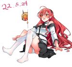  1boy 1girl ahoge black_hairband black_skirt blush chibi chibi_inset chubb clothes_pull clothing_cutout dated eris_greyrat fang feet hair_between_eyes hairband highres legs long_hair long_sleeves mushoku_tensei open_mouth pantyhose pantyhose_pull red_eyes red_hair rudeus_greyrat shirt shoulder_cutout simple_background sitting skirt thighs very_long_hair white_background white_pantyhose white_shirt 