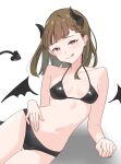  1girl alternate_costume bare_shoulders bikini black_bikini black_horns braid breasts brown_hair center-flap_bangs collarbone cowboy_shot demon_girl demon_horns demon_tail highres horns kachimachi_kosuzu leaning_to_the_side link!_like!_love_live! long_hair looking_at_viewer love_live! navel pink_eyes potu_sabu side_braids simple_background sitting small_breasts solo stomach string_bikini swimsuit tail thigh_gap virtual_youtuber white_background 