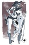  1girl abs bottle braid braided_ponytail breasts cigarette cleavage cowboy_hat cropped_jacket cyborg full_body gloves gun hat highres initial jacket jgeorgedrawz large_breasts long_hair looking_at_viewer mechanical_arms mechanical_legs navel open_clothes open_jacket original short_shorts shorts shotgun single_glove single_mechanical_arm single_mechanical_eye single_mechanical_leg sleeveless sleeveless_jacket smoking solo weapon weapon_request 