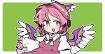  1girl :d animal_ears bird_ears bird_girl bird_wings blush border bow bowtie bright_pupils brown_dress brown_hat collared_shirt commentary dress earrings green_background grey_eyes hat ini_(inunabe00) jewelry long_sleeves looking_at_viewer mystia_lorelei open_mouth outline outside_border pink_hair shirt short_hair simple_background single_earring sleeve_garter smile solo touhou upper_body white_border white_bow white_bowtie white_outline white_pupils winged_hat wings 