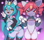  2girls absurdres anus ass black_thighhighs blue_hair breasts cleft_of_venus crotchless crotchless_panties detached_sleeves drill_hair fang fang_out fangs furrification furry hatsune_miku highres ineeda kasane_teto long_sleeves looking_at_viewer miniskirt multiple_girls navel nipples open_mouth orange_eyes panties pleated_skirt pussy red_eyes red_hair skirt small_breasts thighhighs twintails underwear utau vocaloid 