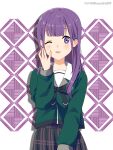  1girl 22/7 ;d artist_name black_bow black_bowtie black_skirt bow bowtie center-flap_bangs cowboy_shot fanged_bangs green_shirt hair_ornament hand_on_own_cheek hand_on_own_face highres ichinose_hotaru long_hair long_sleeves looking_at_viewer mole mole_under_eye nanairo_(nanairo227) one_eye_closed plaid_clothes plaid_skirt pleated_skirt purple_eyes purple_hair rokubanchou_school_uniform sailor_collar school_emblem school_uniform serafuku shirt skirt smile solo standing straight-on white_sailor_collar winter_uniform 