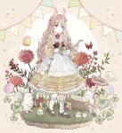  1girl :o animal animal_ears apron baby_animal bird black_socks blue_eyes blush bow braid brown_hair bug butterfly center_frills chick clover direction_board dress easter easter_egg egg faux_figurine floral_print flower four-leaf_clover frilled_dress frills full_body grass green_dress hair_bow hair_flower hair_ornament hair_over_shoulder head_wreath holding holding_watering_can long_hair long_sleeves looking_at_viewer mary_janes medium_dress mushroom open_mouth original puffy_long_sleeves puffy_sleeves rabbit rabbit_ears rearing red_bow shamrock shoes sidelocks sign socks solo standing tententuyu tree_stump twin_braids underbust waist_apron watering_can wavy_hair wavy_sidelocks white_rabbit_(animal) white_socks 