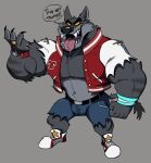 2023 activision anthro belt big_muscles blainwolf bottomwear canid canine canis clock clothing crash_bandicoot_(series) dasyuromorph dialogue ear_piercing english_text eyebrows fangs footwear jacket letterman_jacket male male/male mammal marsupial muscular muscular_anthro muscular_male mythological_canine mythological_creature mythology orange_sclera pants pecs piercing recently_extinct_species ring sharp_teeth shoes simple_background solo stripes tail teeth text thick_eyebrows thylacine tiny_tiger tongue tongue_out topwear torn_bottomwear torn_clothing torn_pants watch werecanid werecanine werecreature werewolf werewolf_tiny_tiger wolf wristband