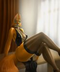 anthro big_breasts big_butt black_clothing black_dress black_eyebrows black_eyeshadow black_lips blurred_background breasts butt canid canine choker clothing collarbone crossed_legs diane_foxington dreamworks dress ear_piercing eyebrow_piercing eyebrows eyeshadow facial_piercing female fox fur furniture green_eyes hi_res jewelry legwear lips looking_at_viewer makeup mammal multicolored_body multicolored_fur necklace nipple_outline on_table orange_body orange_fur piercing pink_nose sartefi sideless_dress sitting sitting_on_table smile smiling_at_viewer solo table tail the_bad_guys thick_thighs thigh_highs two_tone_body watermark