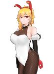  1girl adapted_costume animal_ear_hairband animal_ears arms_at_sides bare_shoulders black_bodysuit black_gloves black_pantyhose blonde_hair bodystocking bodysuit breasts bright_pupils commentary covered_navel cowboy_shot double-parted_bangs earrings elbow_gloves english_commentary fake_animal_ears fake_tail fishnet_bodystocking fishnets fur-trimmed_gloves fur_trim gloves hairband highleg highleg_leotard highres hololive hololive_indonesia jewelry kaela_kovalskia kaela_kovalskia_(1st_costume) large_breasts leotard looking_at_viewer medium_hair pantyhose playboy_bunny rabbit_ear_hairband rabbit_ears rabbit_tail red_eyes red_gloves red_hairband see-through_cleavage see-through_clothes sideboob single_earring skin_tight solo tail virtual_youtuber watercat322 white_leotard white_pupils 