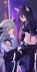  2girls absurdres animal_ears arknights bangs belt black_gloves black_hair breasts gloves hair_ornament hairclip highres jacket konota_ko long_hair looking_at_viewer midriff multiple_girls navel owl_ears ptilopsis_(arknights) texas_(arknights) white_hair wolf_ears yellow_eyes 