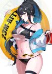  1girl 92b58 abigail_(black_survival) bare_shoulders bikini black_bikini black_hair black_survival blue_hair blue_nails breasts can character_name cleavage collarbone colored_inner_hair commentary_request drink_can eternal_return:_black_survival green_eyes hair_ornament hair_tie_in_mouth hairclip hand_up highres holding holding_can holding_swim_ring jacket korean_commentary large_breasts long_hair looking_at_viewer mouth_hold multicolored_hair nail_polish name_tag navel off_shoulder one_eye_closed ponytail see-through_clothes see-through_shirt shirt sidelocks soda_can solo stomach string_bikini swim_ring swimsuit thigh_strap thighs tied_shirt torn_clothes torn_shirt very_long_hair wet white_background white_jacket yellow_innertube zipper 