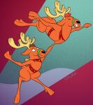 2023 anthro antlers artist_name black_eyes black_nose brown_body brown_ears brown_fur brown_hair brown_tail butt carrying_another christmas deer digital_media_(artwork) duo eyes_closed fur gavanzude hair half-closed_eyes happy hi_res holding_another holidays horn looking_at_another male male/male mammal narrowed_eyes new_world_deer orange_hair pose reindeer scut_tail short_tail smile spot&#039;s_magical_christmas spot_the_dog_(series) spread_arms standing tail tan_antlers text three-quarter_view